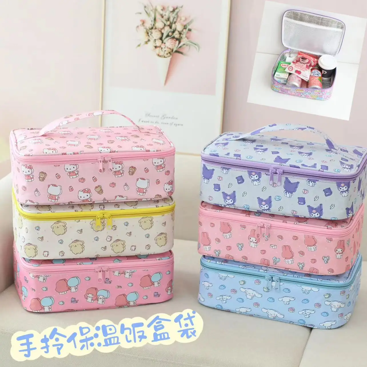 

Cute Sanrio Cartoon Food Handbags Portable Thermal Lunch Bag Durable Waterproof Office Cooler Ice Insulated Case Camping Ins Bag