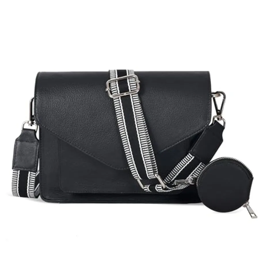 

Leather crossbody handbag for daily commute: brown genuine leather, adjustable strap, snap-flap closure, lightweight yet spacio