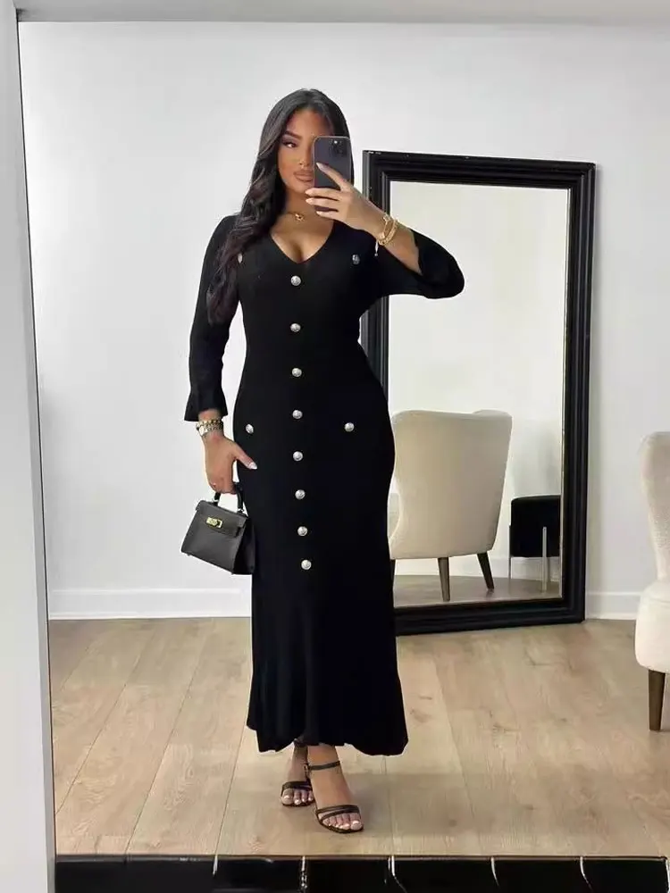 Sexy Knitted V-neck Midi Dress Women Slim Long Flare Sleeve Button Solid Holiday Lady Dresses 2024 Autumn Pleated Robe Midi New