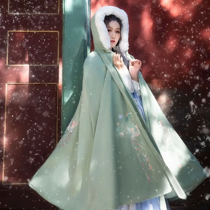 Cloak Women's Han Chinese Clothing Winter Woolen Velvet Padded Thickened Coat Red White Machine Embroidery Ancient Style Long