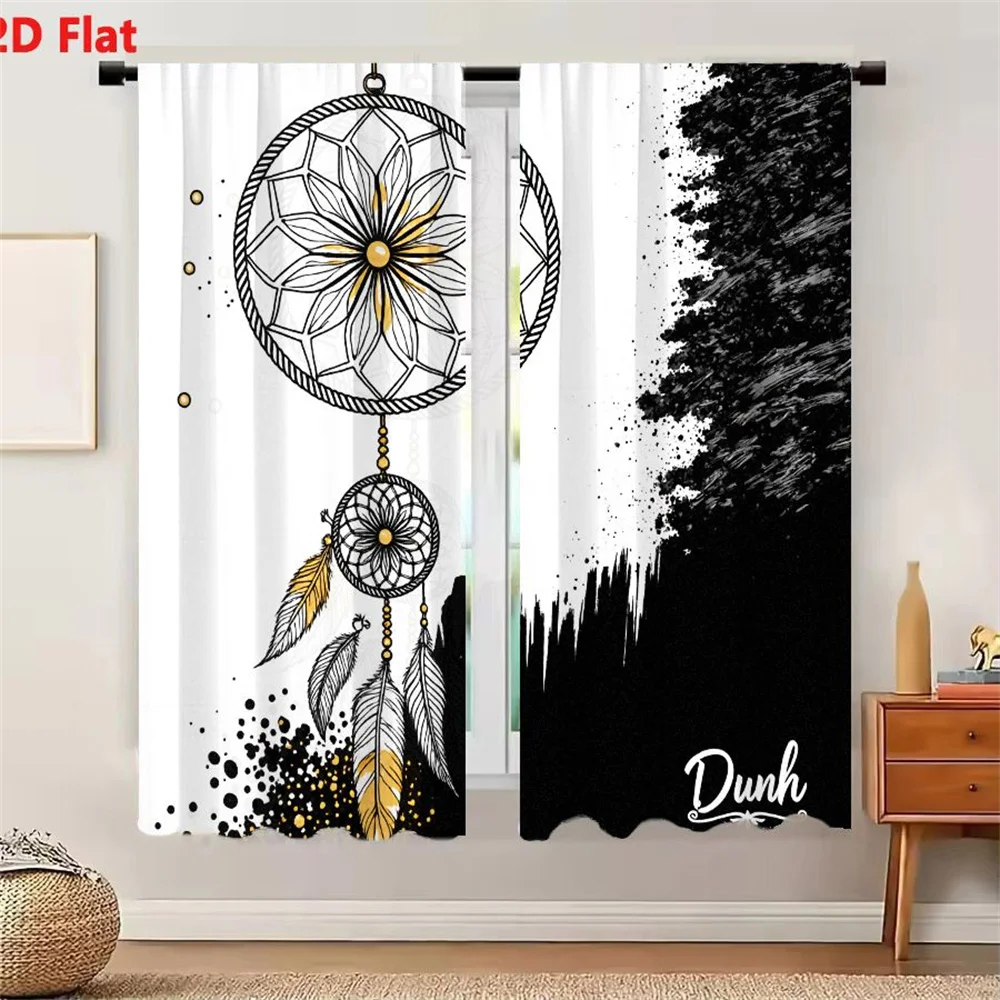 2Pcs Curtains 2D Flat Black And White Gold Accented Dreamcatcher Circular Web With Golden Center Beaded Chains Smaller Dreamcatc