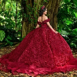 Red Glitter Quinceanera Dress Ball Gown For Sweet 16 Off The Shoulder 3D Flower Lace Applique Beading Crystal Tull Vestidos De15