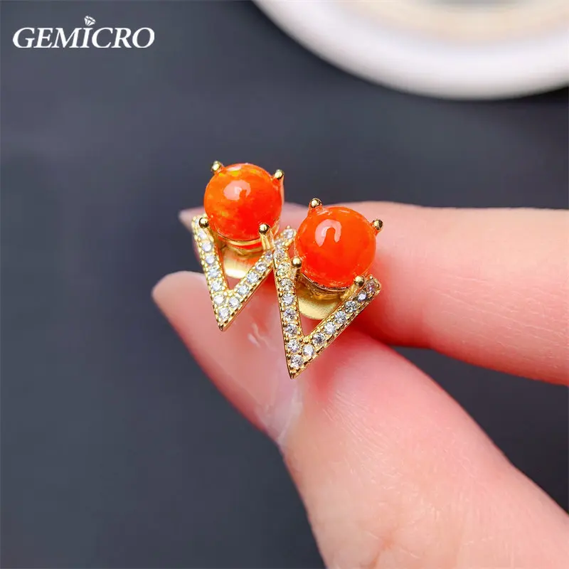 925 Sterling Silver Earring Studs with Natural Round 6mm Mexican Fire Opal Gemstones for Women Lady Festival Wedding Party Gifts