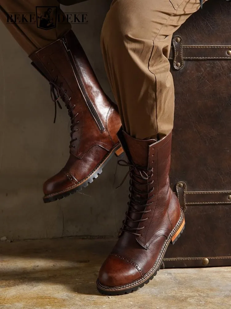 Concise Style Male Genuine Leather Zipper Platform Ankle Boots Solid Color Handmade Cowhide Round Toe Lace-Up High Top Footwear
