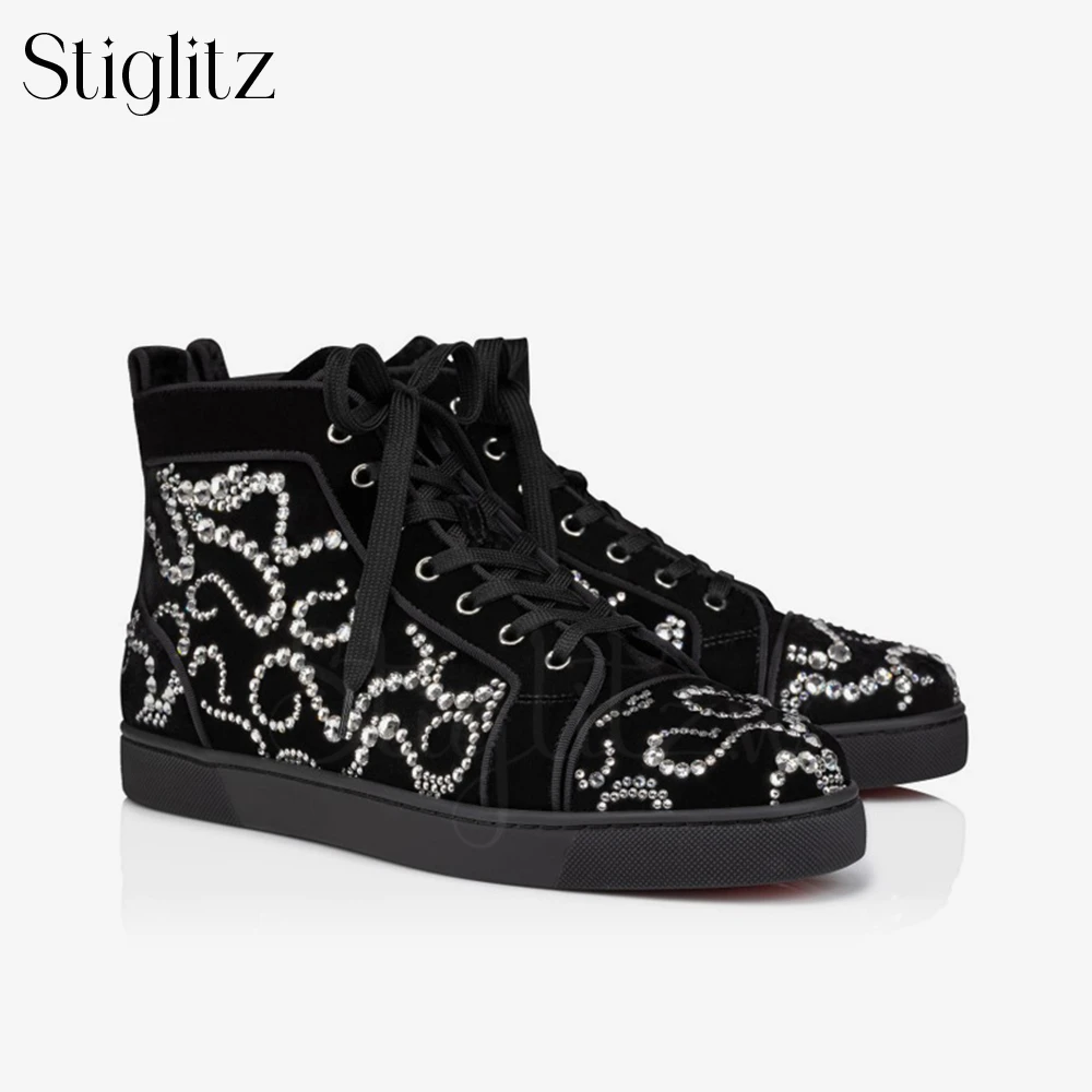 Luxury Suede Rhinestone High Top Sneakers Designer Style Handmade Casual Shoes Men Women Daliy Footwear Custom Made Multi Color