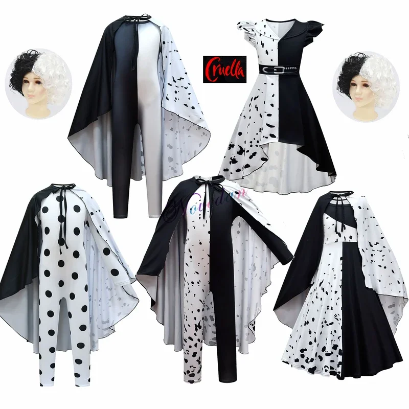 Boy Girls De Vil Costume Kids Movie Cruella Cosplay Fancy Black White Princess Dress Jumpsuit Suit Wig Halloween Party