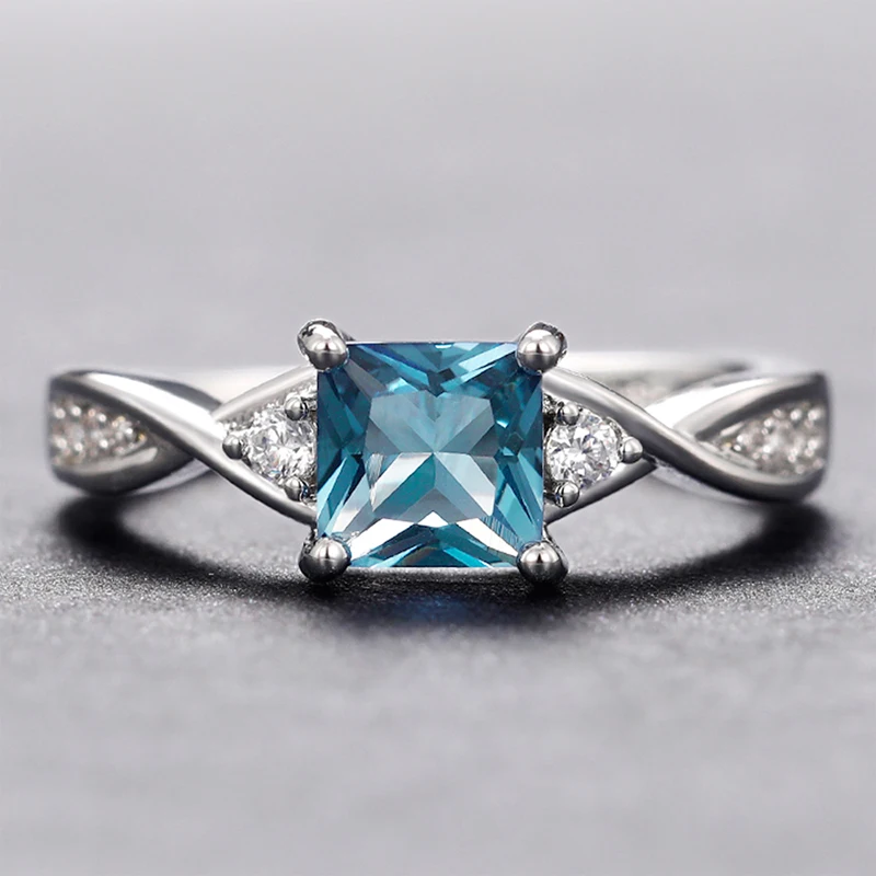 Huitan Blue Princess Square Cut Zirconia Ring Women Fashion Luxury Wedding Band Bridal Accessories Silver Color Finger Jewelry