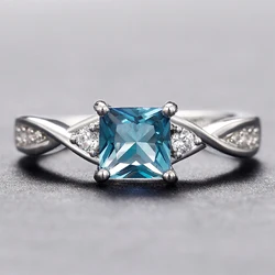 Huitan Blue Princess Square Cut Zirconia Ring Women Fashion Luxury Wedding Band Bridal Accessories Silver Color Finger Jewelry