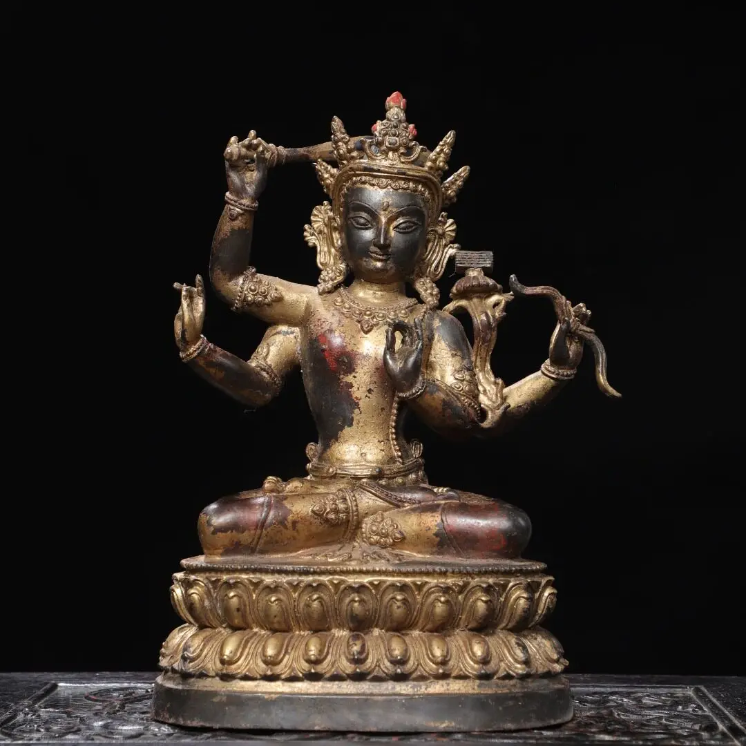 Tibetan Handmade Pure Copper Gold Rubbed Four Armed Manjushri Statue Home Desk Altar Decor