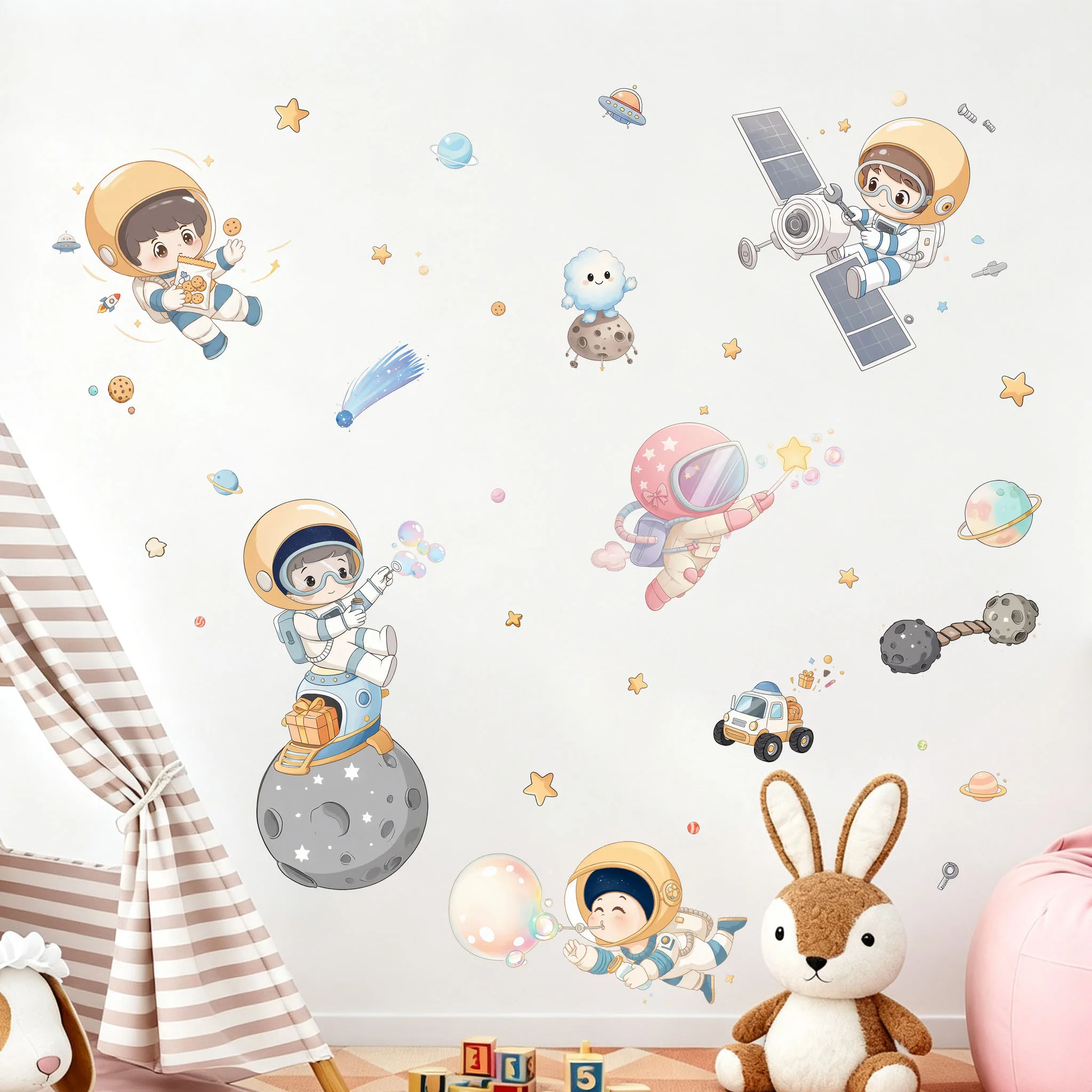 Watercolor Cute Astronaut Wall Stickers Cartoon Space Kids Moon Planet Rocket Star UFO Wall Decals Removable Boys Nursery Decor