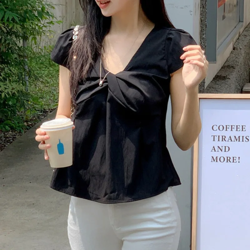 

Chic Summer V-Neck Bubble Sleeve Shirt Women's Elegant Top Trendy Knot Design Casual Loose Fit Short Sleeve Polyester Fiber