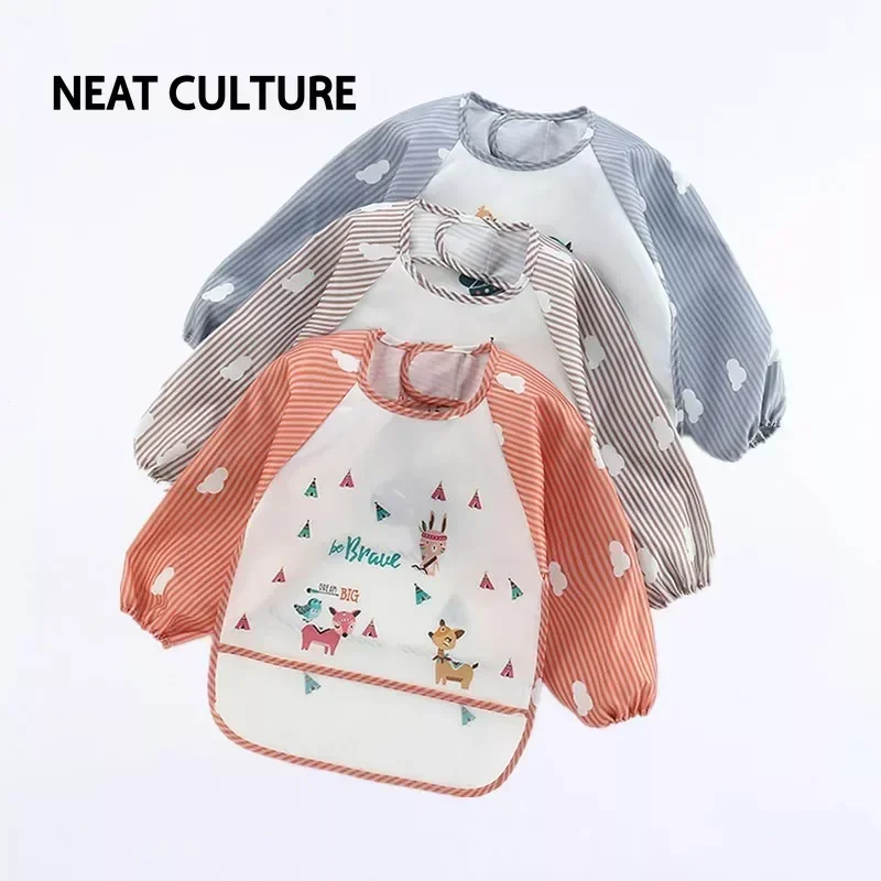 Baby Bibs Cute Colorful Cartoon Waterproof Bib Infant Eating Children Drawing Long Sleeve Pocket Apron Self Feeding Baby 0-3Y