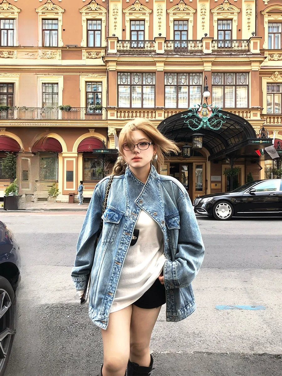 

Anne Non-Fire Depu Mountain Marble Pattern Denim Jaet Women Loose Fit Vintage Waed Large Size Ladies ort Outerwear