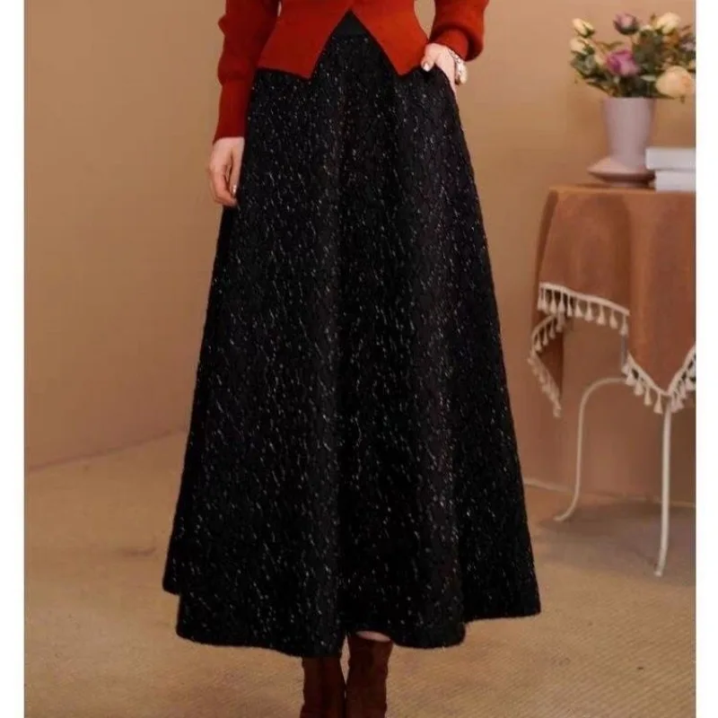 Women's Black Tweed Maxi Skirt High Waist A-Line Warm Wool Blend Long Skirt