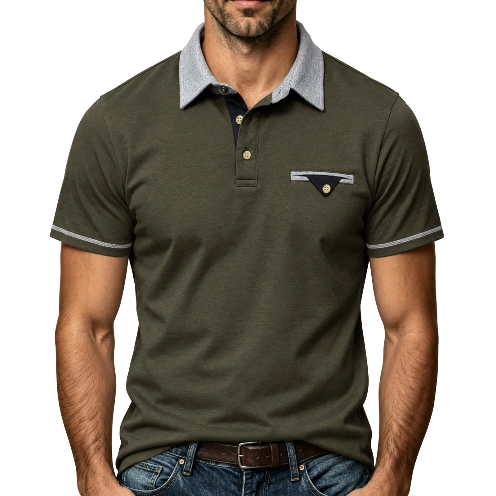 American Style Summer Short Sleeve Polo Shirts Men Fashion Patchwork Turn Down Collar Smart Casual Polos Mens Pullover Tees Tops
