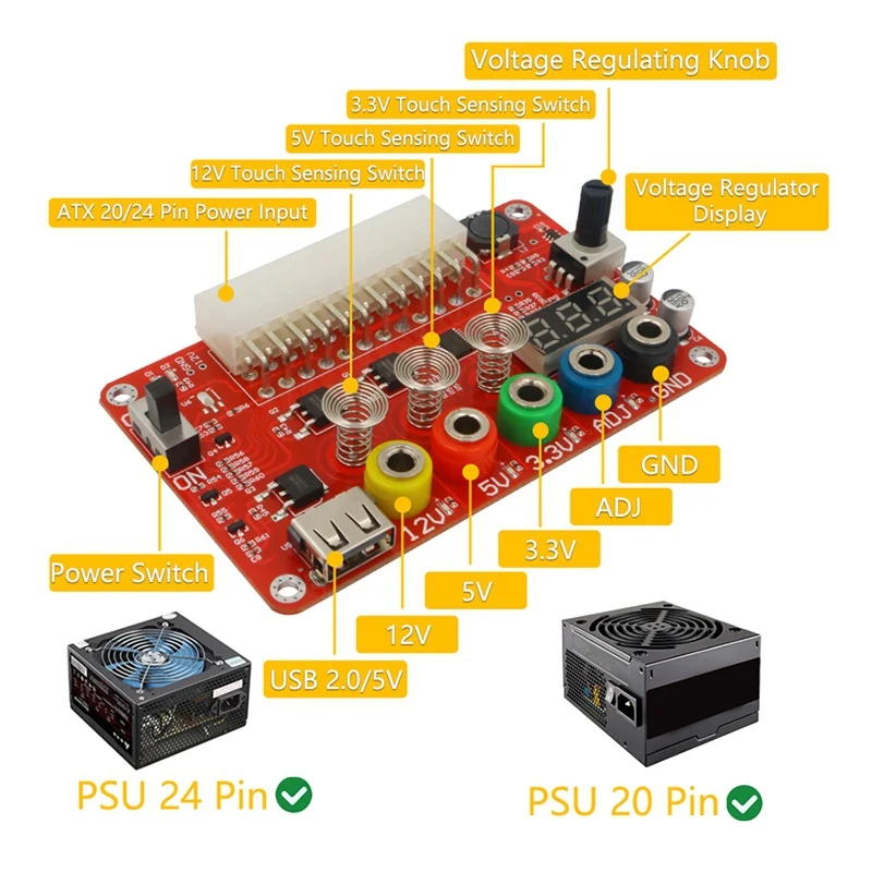 ใหม่-ATX 24Pin Power Breakout Board พร้อม ADJ แรงดันไฟฟ้าลูกบิดและอะคริลิคชุดแรงดันไฟฟ้าพร้อมสวิตช์สัมผัส