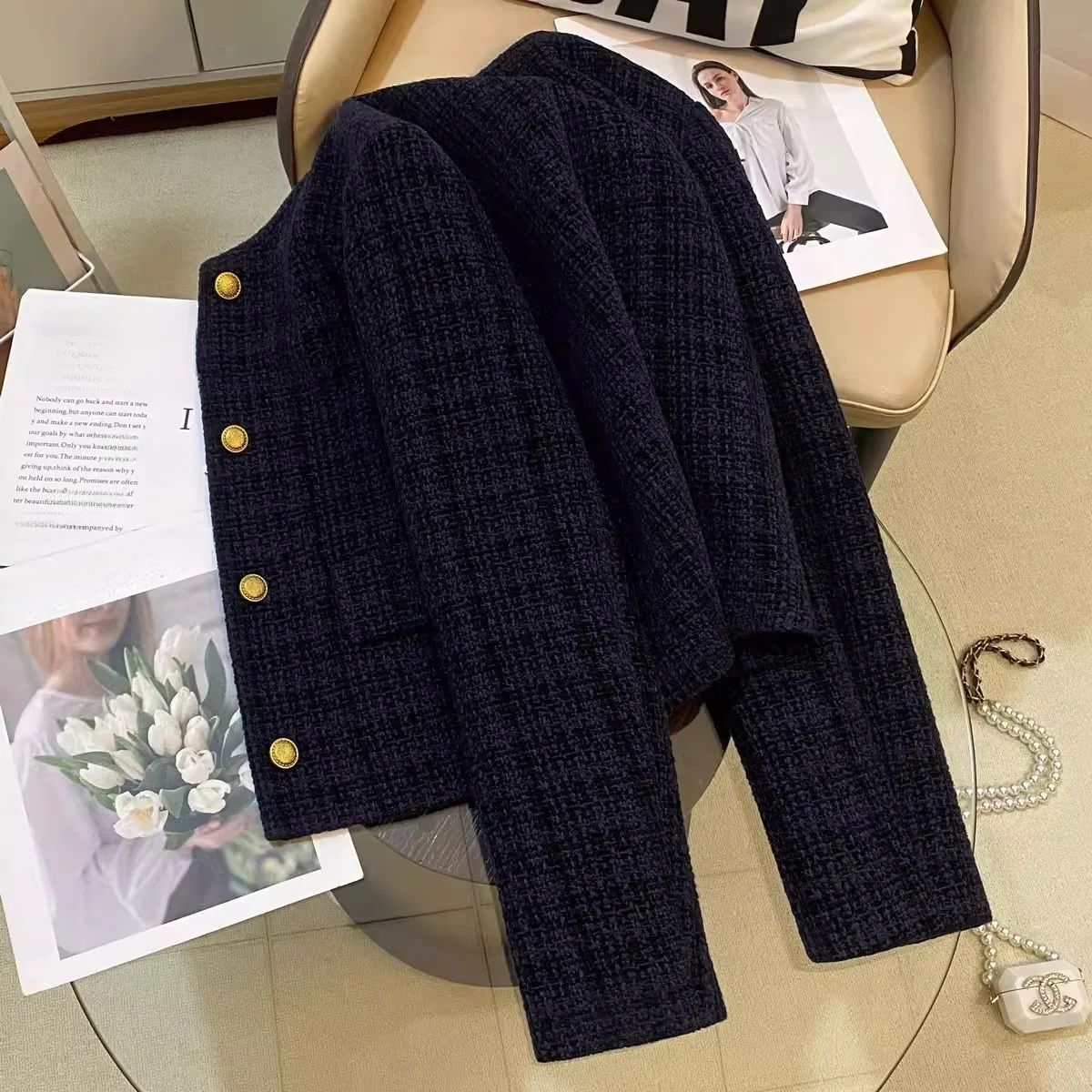 Blue Short Elegant Cardigan Outerwear Women's Spring Autumn 2025 Versatile Slimming High-End Feeling Top Quality Polyester