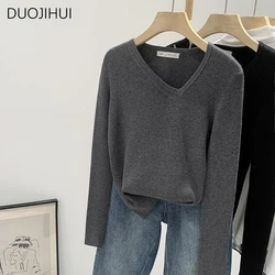 DUOJIHUI Grey Basic Long Sleeve Chicly V-neck Slim Female Pullovers Autumn New Simple Solid Color Fashion Casual Women Pullovers