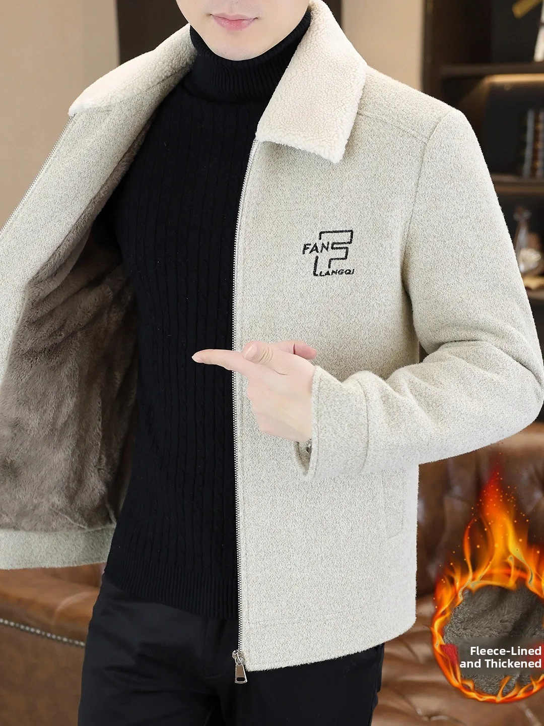 

New Casual Men's Fce Lined Thiened Jaet Coat Winter Warm Trendy ort Zipper Outerwear Slim Fit Double Sided Woolen Po...