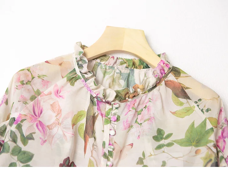 2023 Spring Summer New Ruffle Details Loose Flower Butterfly Print Shirt