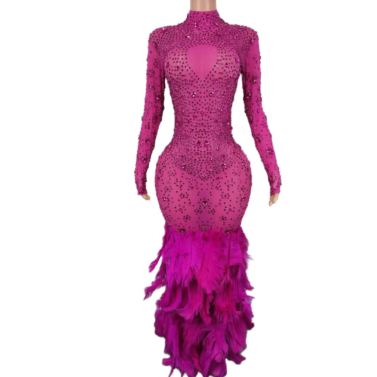 

Lady Transparent Long Feather Dress Sparkle Rhinestones Birthday Party Celebrate Outfit Evening Women Prom Dress Costumes Dress