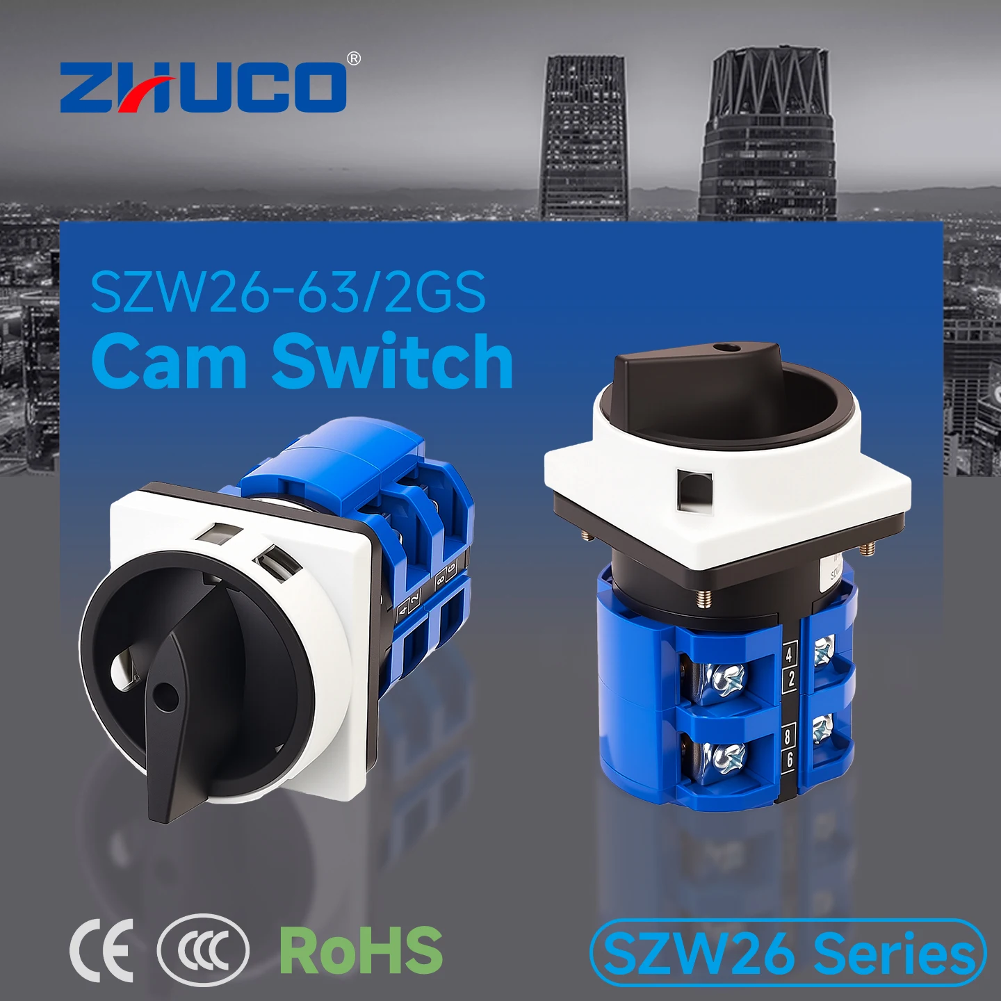 Zhuco 2-Position Selector Switch 63A 690V, 8-Terminal Universal Rotary Cam Selector with Locking Switch, Suitable for Distribution Cabinets, Machine Tools, Industrial Panels (Szw26-63/2Gs, on Off, Off on)
