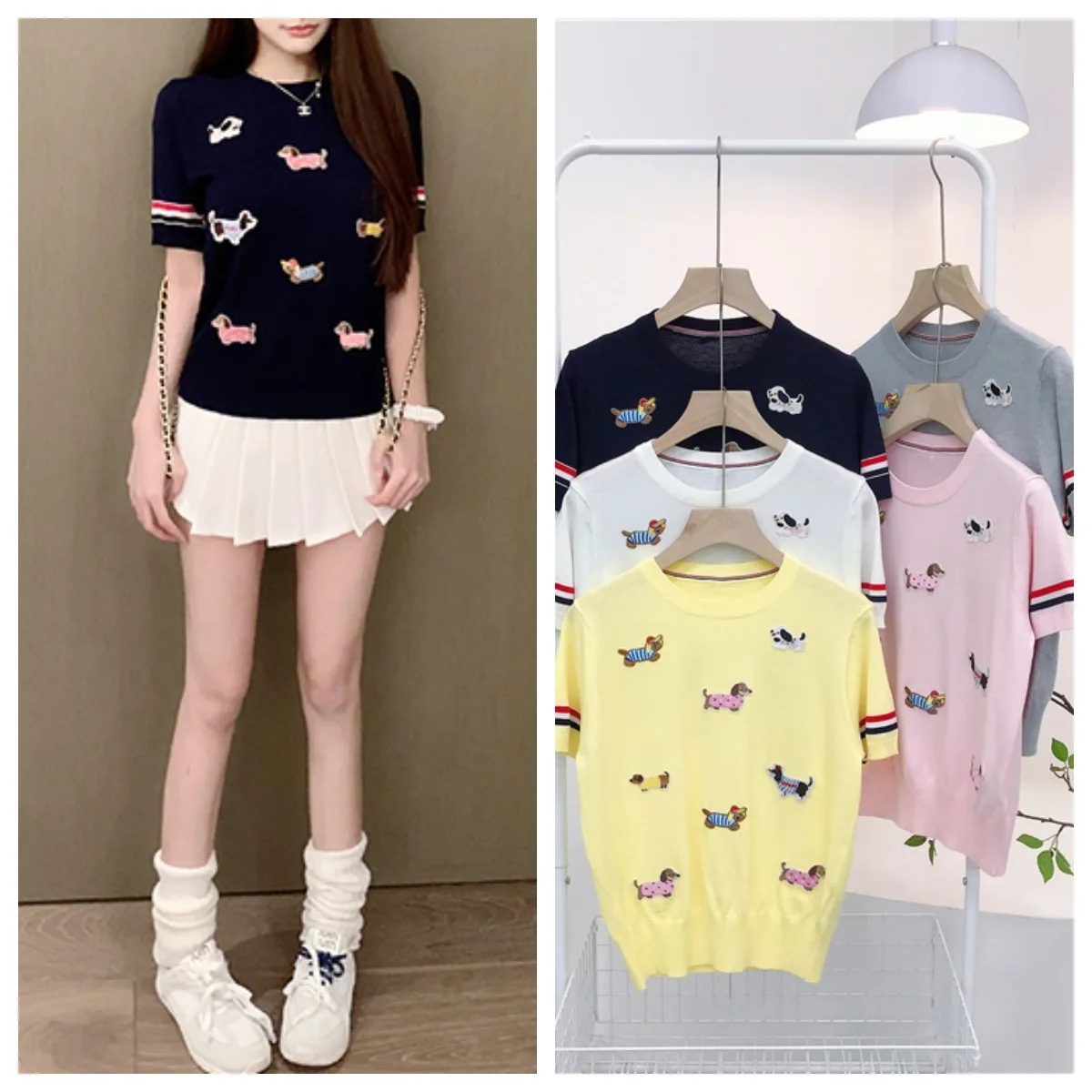 

8113 Series Korean Style Age-Reducing Embroidered Puppy T-Shirt Summer Round Neck Tcel Breathable Color-Block Short Sleeve