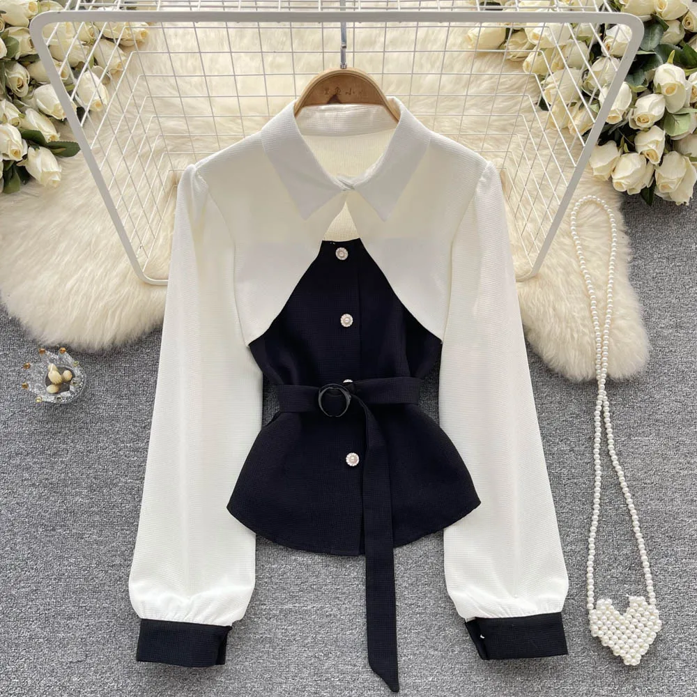 Ele Color Blo Long Sve irt المرأة Faion الأعلى الفرنسية Sle سليم صالح طوق ort طول لون نقي ملابس الخريف #1