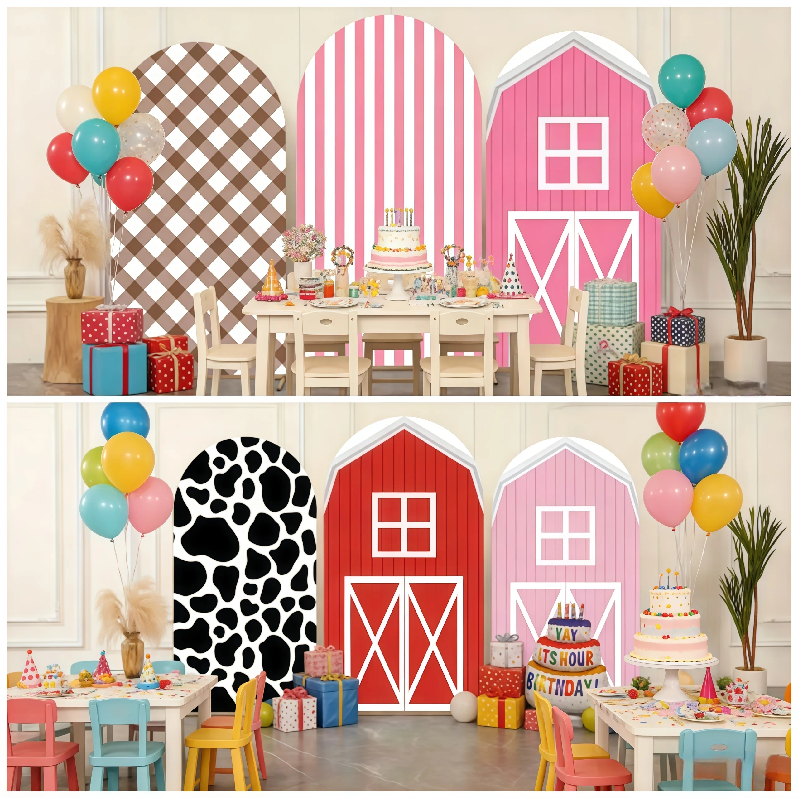Farm Barn Theme Arch Cover Decoration Backdrop Animal Cow Print Checkered Striped For Kids Birthday Party Photo Booth Background