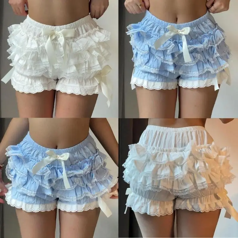 652F Women Layered Ruffled Lace Pumpkin Shorts Bow Vintage Bloomers Underpant