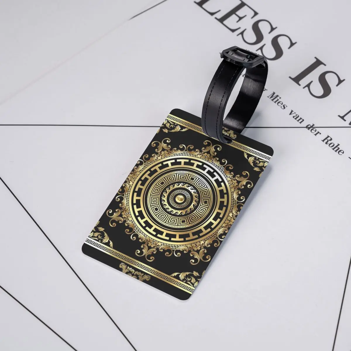 Etiquetas de Equipaje con Diseño de Llaves Griegas, Medallón Negro y Dorado, Estilo Barroco, Accesorios para Maletas, Etiqueta de Identificación para Viajes