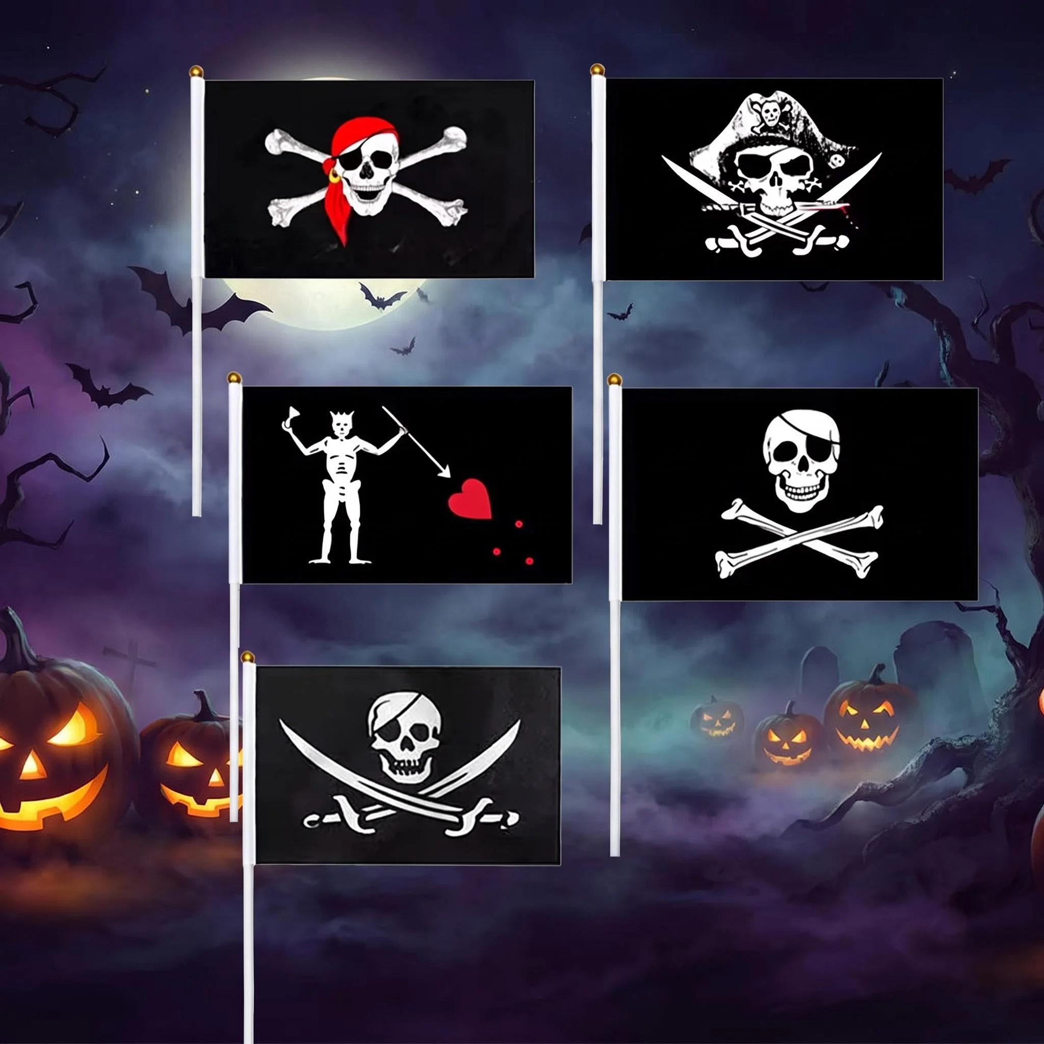 Aerlxemrbrae 50pcs/lot 14x21cm  Skull and Crossbones Pirate Handheld Flag Skull Pirate for Halloween decorations Hand Flag