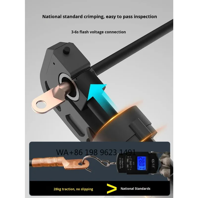 Heavy-duty rechargeable hydraulic crimp tool, 18V power supply for stable copper terminal cable crimping operation.