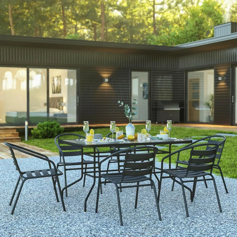 

-Piece Patio Dining Set, Glass Rectangular Table & 6 Slat Back Chairs, Black Outdoor Furniture Garden