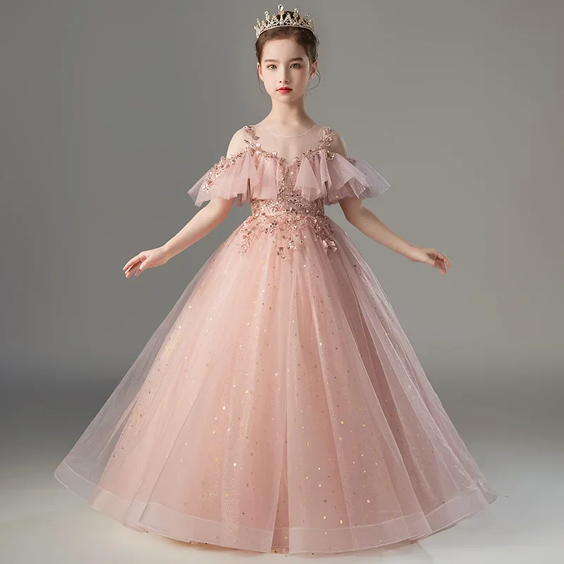 Paillettes rugiada spalla bambini abiti per la festa abito da sposa bambini abito da spettacolo bambino Tulle principessa vestito per ragazze