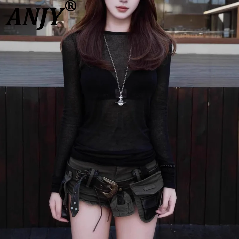 ANJY Spring Autumn New Women Dark RO Style Stylish Long Sleeve Base Shirt Fashion Thin Semi-Transparent Knit Slim Fit Top A21203