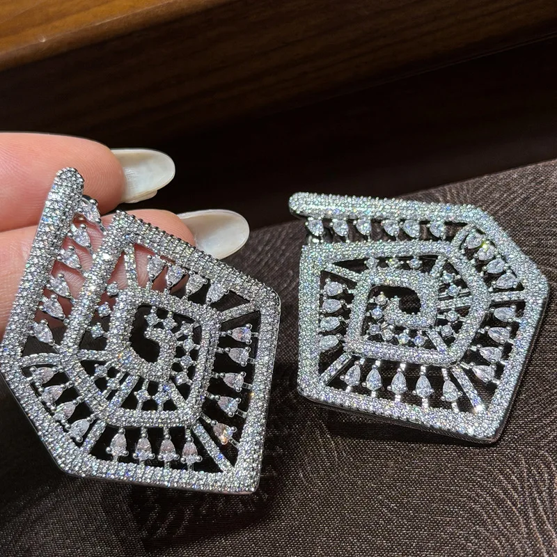 Luxury Hollow Square Stud Earrings Full Micro Paved Cubic Zirconia Geometric Earrings For Women Daily Fashion Jewelry