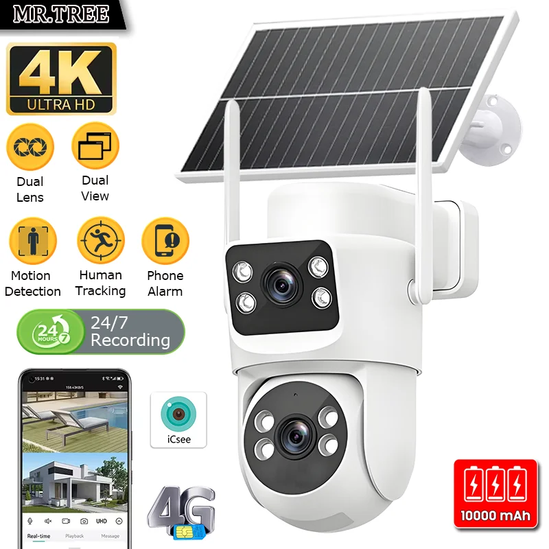 

8MP 4G SIM Solar Camera 4K Dual Screens Outdoor Surveillancen PTZ Auto Tracking Alarm Securit Night Vision 24h CCTV IP Cameras