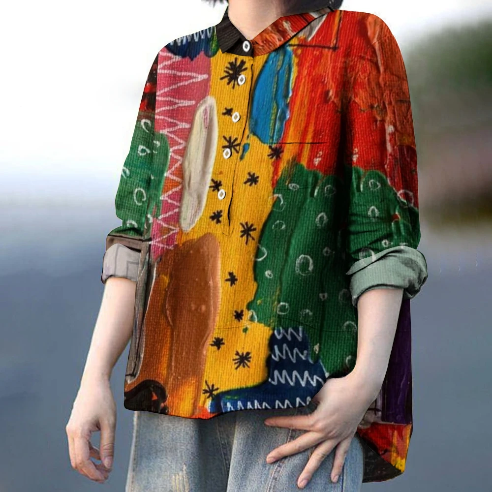 

Color Puzzle Print Art Shirt Women's Irregular Long-Sleeved Lapel Casual Jumper Cotton Luxury New Top Fashion Street Wear