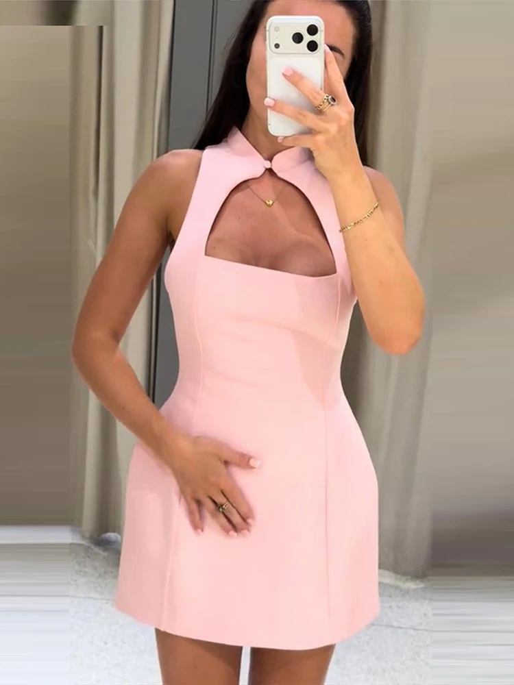 Plissiertes, ausgeschnittenes, tailliertes Minikleid für Damen – sexy, ärmellos, mit Einzelknopf und Reißverschluss, schmal geschnitten, charmantes Partykleid, neu – Detail 19