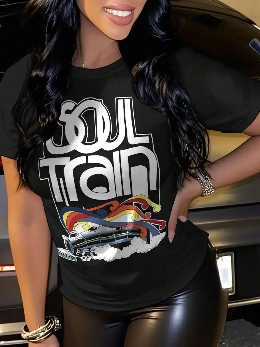 Women's Retro Soul Train Pattern T-Shirt - Black 70s Disco Party Shirt With Blue And Red Accents - Soft Crew Neck Casual Top, Machine Washable For Sum