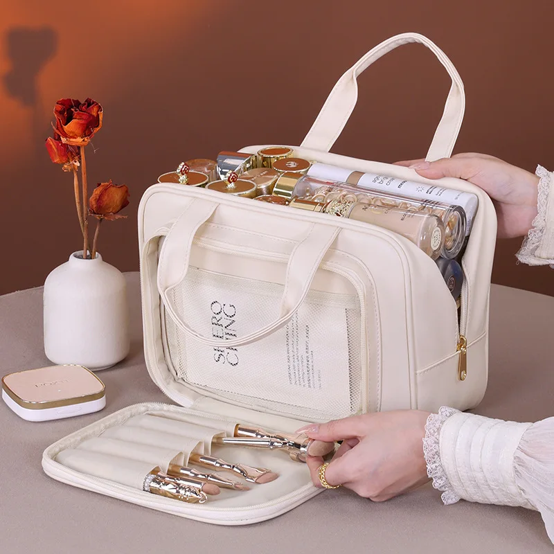 1pcs Cream Minimal PU Multi-functional Wash Bag Multi Pockets Design Hanging & Handheld Large Capacity Makeup Storage Bag