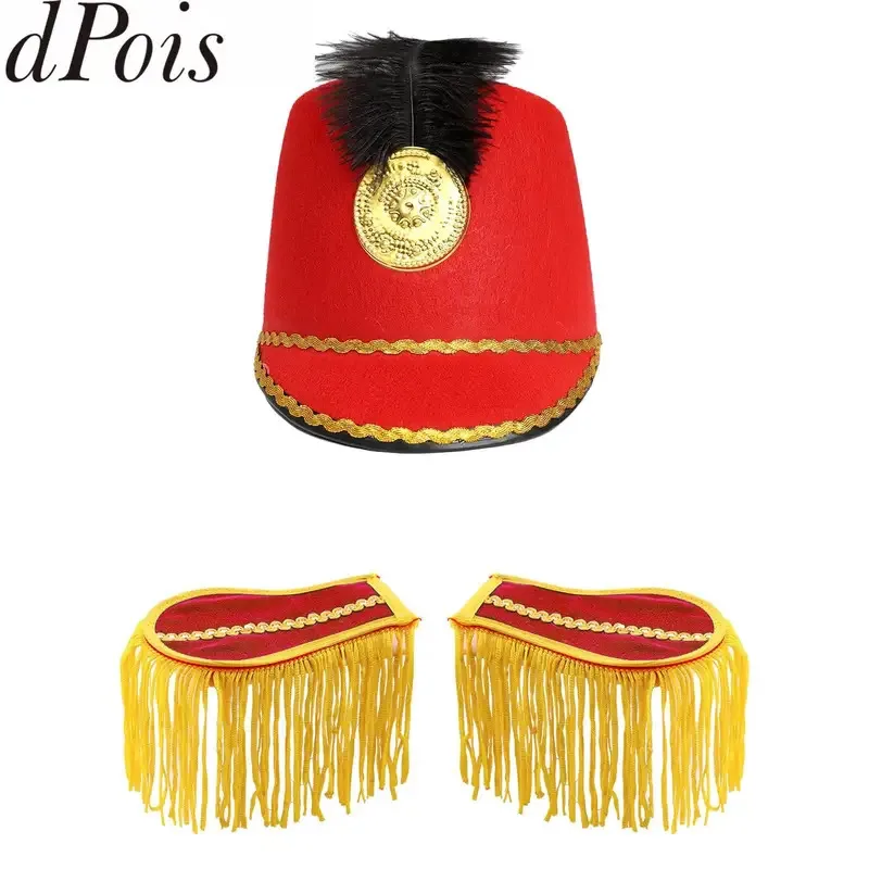 

Marching Band Hat Drum Team Hats Knight Feather Cap with Tassel Shoulder Boards Fringe Epaulets Accessories for Cosplay Dress Up