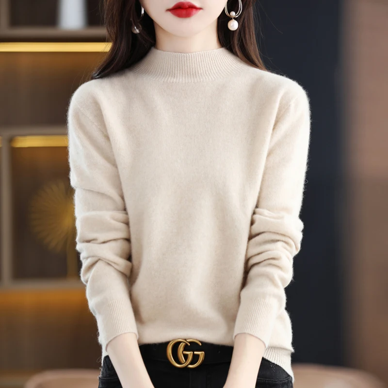 Autumn Winter 100% Merino Wool Sweater Women First Line Seamless Half-high Collar Pullover Basis Casual Cashmere Knit Solid Tops