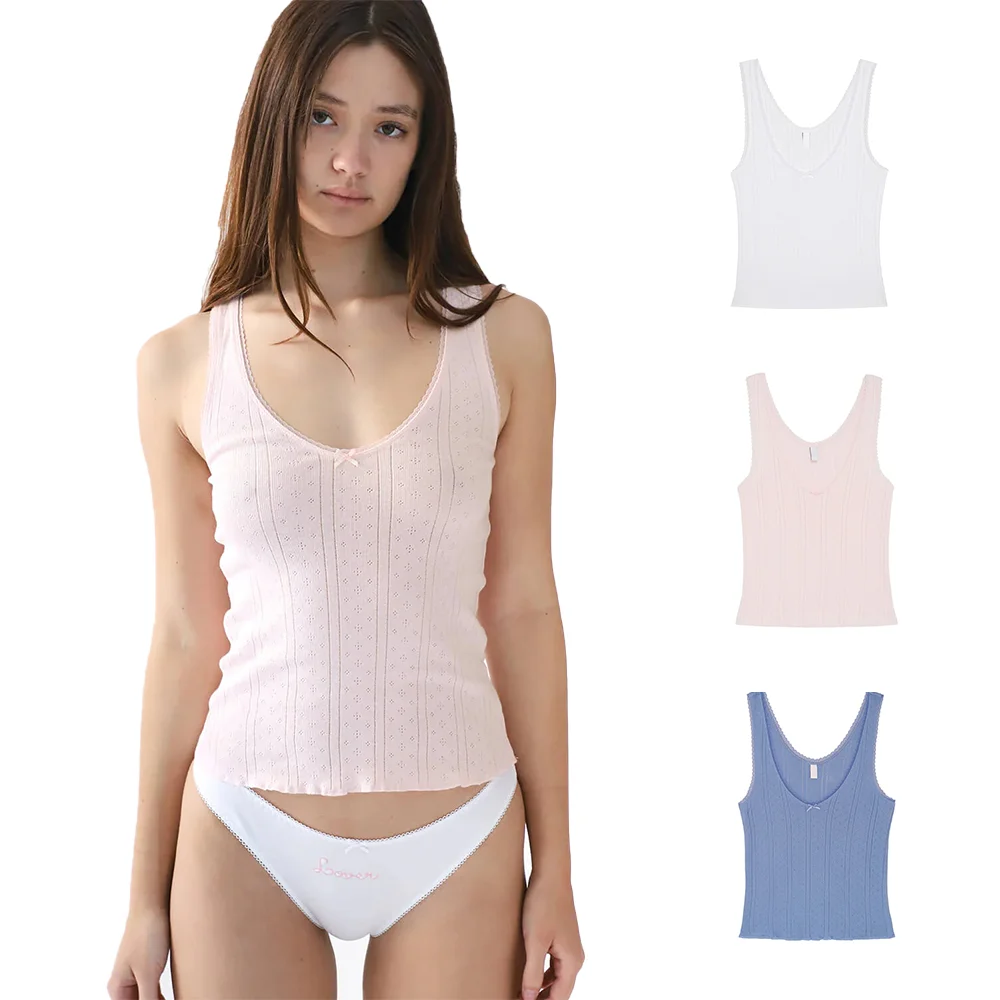 Cou Hollow-Out Knitted Vest with Lace Trim, V-Neck with Small Bow, Slim Fit Sleeveless Camisole, Short Hollow-Out Lace Base Layer Vest, Slim Fit and Slimming Sleeveless Camisole