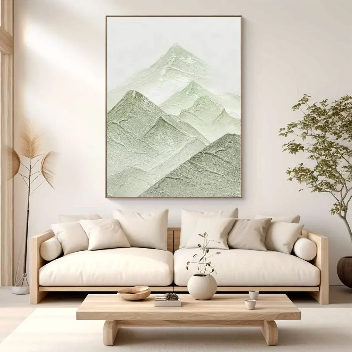 Serene Mountain Peak Art Soft Green and White Mountain Texture Handmade Painting Abstract Landscape Canvas Art Modern Wall Decor