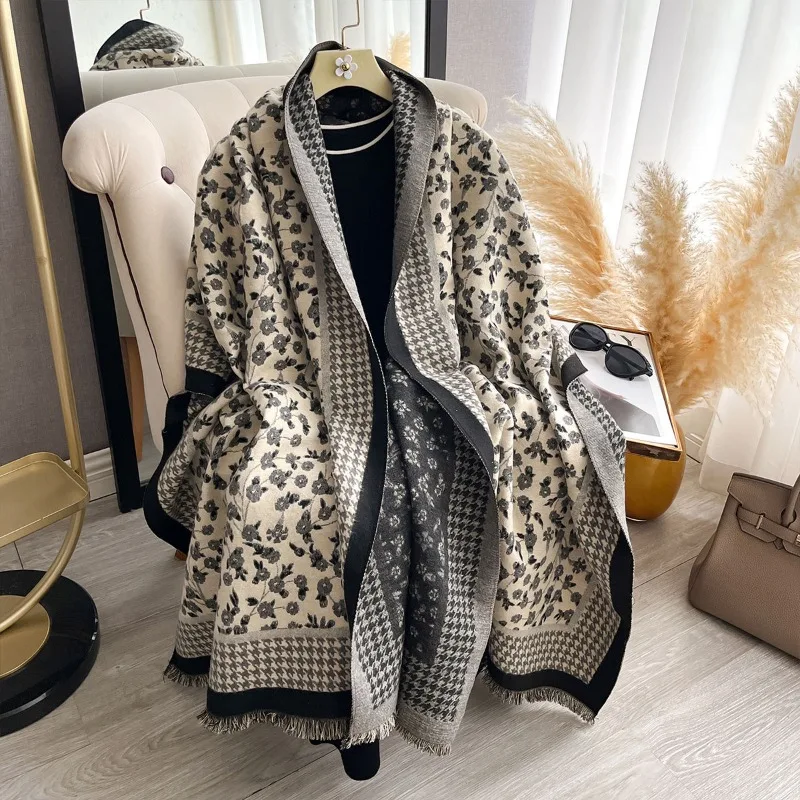 

Autumn and winter new faux cashmere scarf cross-border floral houndstooth trendy high-end reversible shawl versatile for women