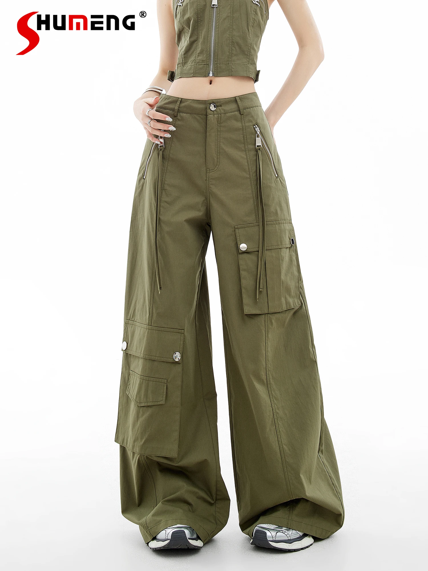 American Retro Army Green Cargo Pants Women 2024 Autumn Streetwear Fashion Loose Slim Casual All-Match Wide-Leg Pants Trousers