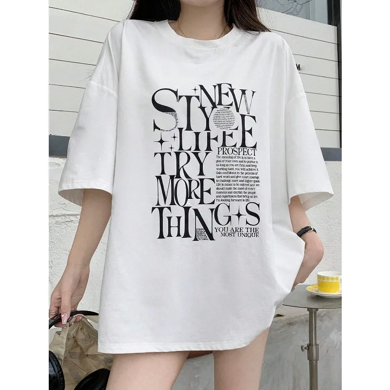 

Women’s Summer T-shirts 100％ Cotton Breathable Tops Harajuku Y2K Fashion Fmale Streetwear Oversized Half-sleeve Tops Causalwear