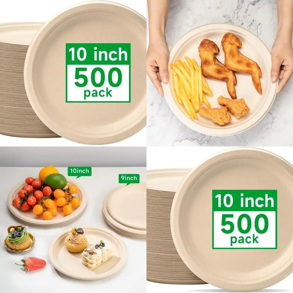 

10-Inch Biodegradable Paper Plates, 500 Count, Heavy Duty, Made from Natural Sugarcane Fibers, Unbleached Brown, Round.